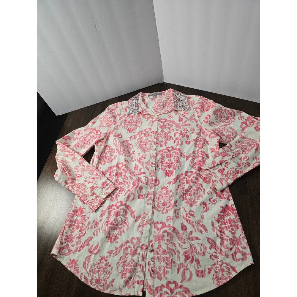NY Collection Pink Damask Studded Collar Button Down Shirt Medium XPLB0221